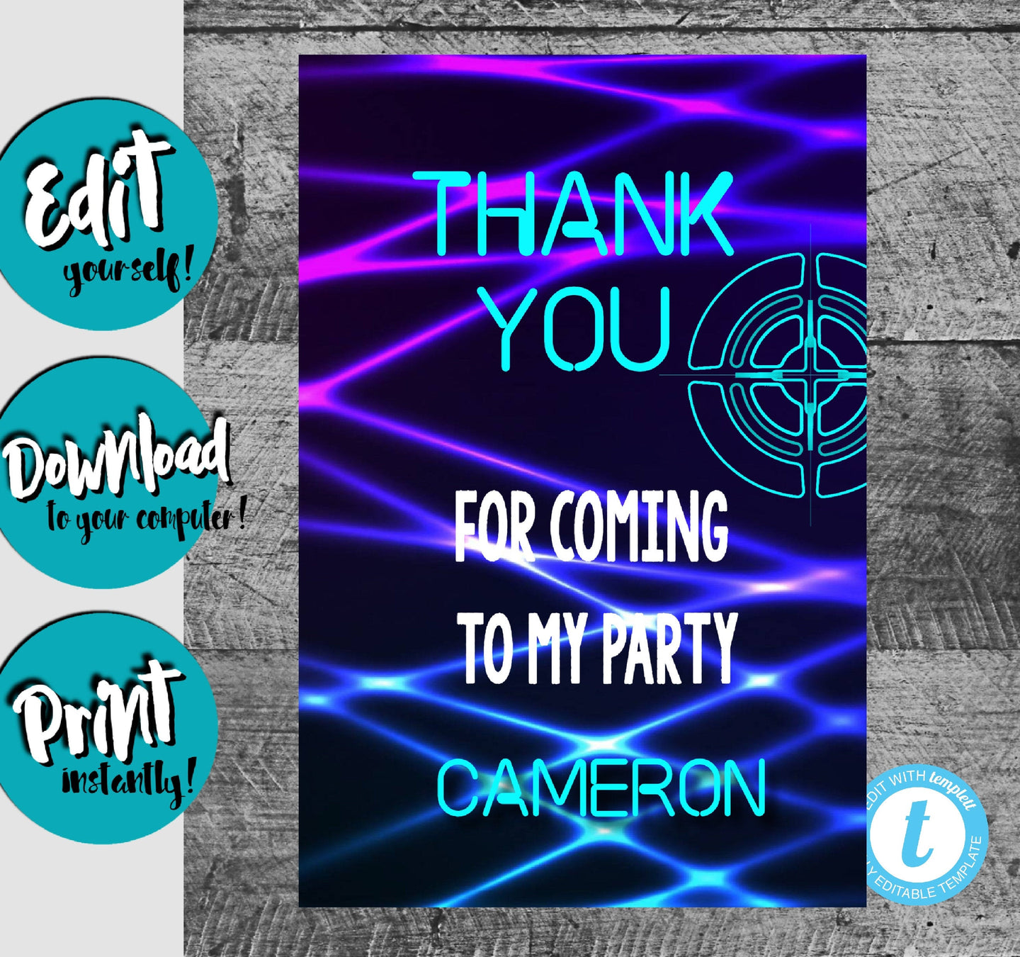 LASER TAG Birthday Thank You| Laser tag thank you card | Birthday | Neon | Chalkboard | Edit Yourself | Instant Download | Printable