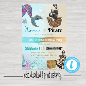 Mermaid or Pirate Birthday Party Invitation, Joint Mermaid or Pirate Birthday Party, Mermaid Pirate Editable Template, Mermaid Pirate
