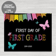 Load image into Gallery viewer, First Day of School Sign, Glitter Butterfly Printable Chalkboard Poster, , Back to school Sign, Photo Prop First Grade Instant Download