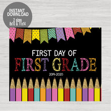 Load image into Gallery viewer, First Day of School Sign, Glitter Pencils First Day of First Grade Printable Chalkboard Poster, Back to school First Grade Instant Download