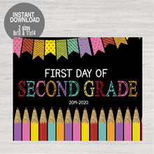 Load image into Gallery viewer, First Day of Second Grade School Sign, Glitter Pencil First Day of School Printable Chalkboard Poster, First Day, Instant Download