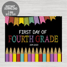 Load image into Gallery viewer, First Day of School Sign, Glitter Pencil First Day of School Printable Chalkboard Poster, First Day, Fourth Grade Instant Download