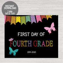 Load image into Gallery viewer, Back to school Sign, Photo Prop, Glitter Butterfly First Day of School Printable Chalkboard Sign, Fourth Grade, Instant Download