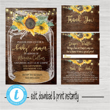 Load image into Gallery viewer, Baby Shower Invitation bundle , sunflower Baby Shower, Rustic Baby Shower, Mason Jar Invitation Thank You, Diaper raffle, Books for baby