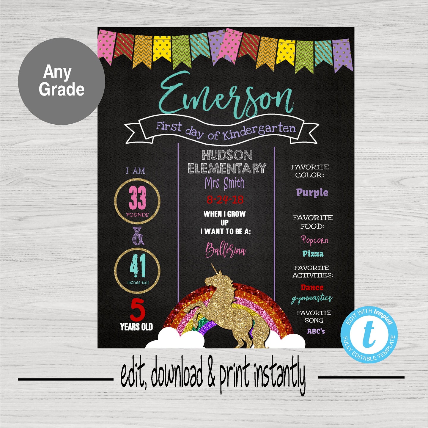 Unicorn First Day of School Sign, Rainbow Back to school Printable Chalkboard Poster, First day, Kindergarten , Any Age  Grade, Instant
