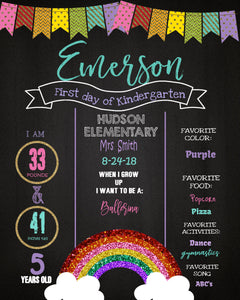 Rainbow glitter First Day of School Sign, Rainbow Back to school Printable Chalkboard Poster, First day, Kindergarten , Any Age  Grade