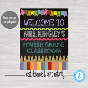 Pencils glitter Teacher Classroom Door Sign, Decor, Teacher Printable, Welcome Printable Sign, Custom Teacher Sign, Back to School Supplies