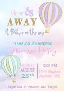 Hot Air Balloon Invitation, Baby SHower Up Up & Away Invite, Baby shower, Oh the places she'll go, Time Flies, Birthday Girl Invitation
