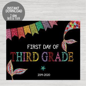 First Day of Third Grade School Sign, Glitter Mermaid First Day of School Printable Chalkboard Poster, First Day, Instant Download