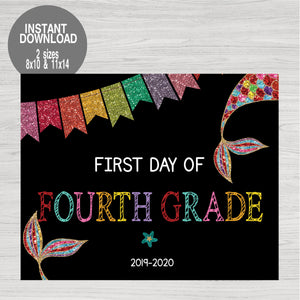 First Day of Fourth Grade, Glitter Mermaid First Day of School Printable Chalkboard Poster, First Day, Back to school Sign, Instant Download