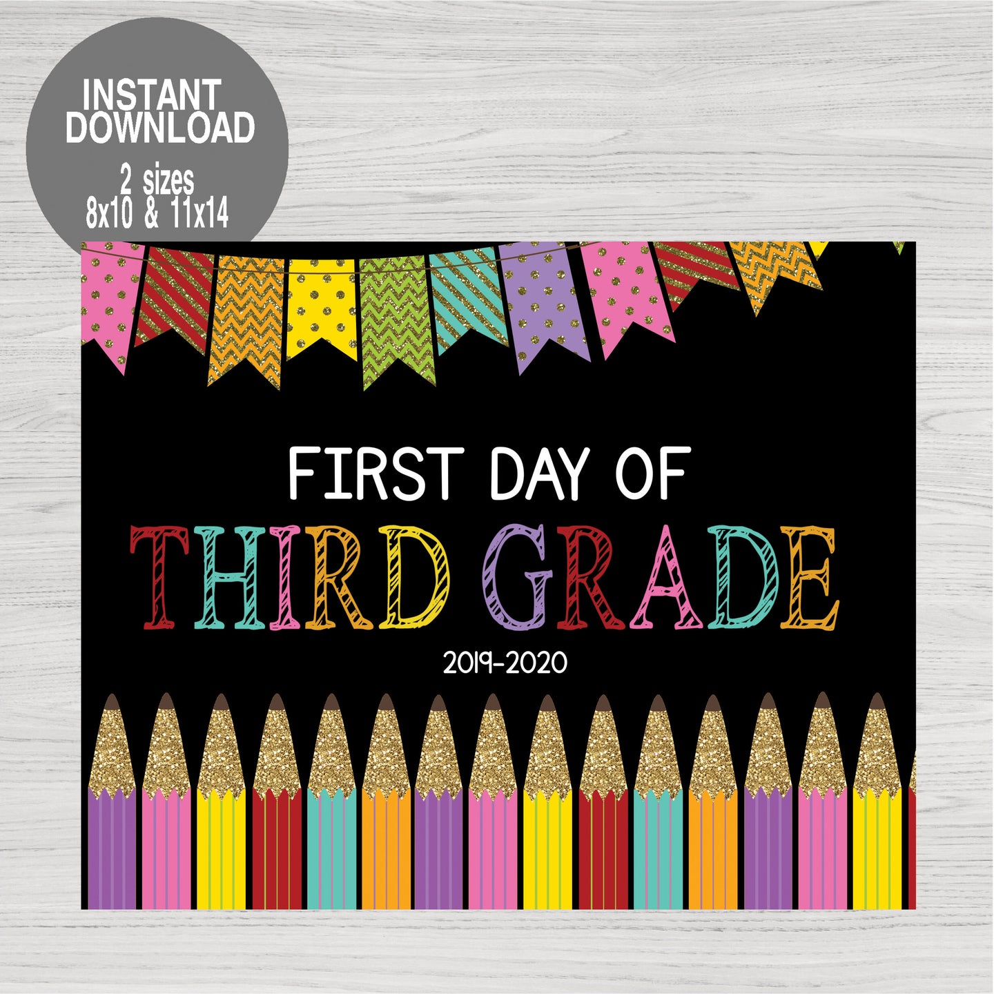 First Day of Third Grade School Sign, Glitter Pencil First Day of School Printable Chalkboard Poster, First Day, Instant Download