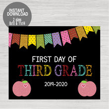 Load image into Gallery viewer, Apple First Day of School Printable Chalkboard Sign, Glitter First Day of Third Grade, Photo Prop, Back to school sign Instant Download
