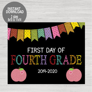 First Day of Fourth Grade Printable Chalkboard Sign, Glitter Apple, Back to School, School Photo prop First Day of School, Instant Download