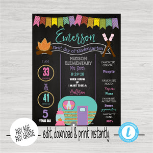 Camping First Day of School Sign, GLamping  Back to school Printable Chalkboard Poster, First day, Kindergarten , Any Age  Grade, Glitter