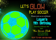Load image into Gallery viewer, Soccer Party Invitation, Let&#39;s Glow Play Soccer, Birthday Party Invitation Template, Neon Birthday Party Invitation, Printable Party Invite