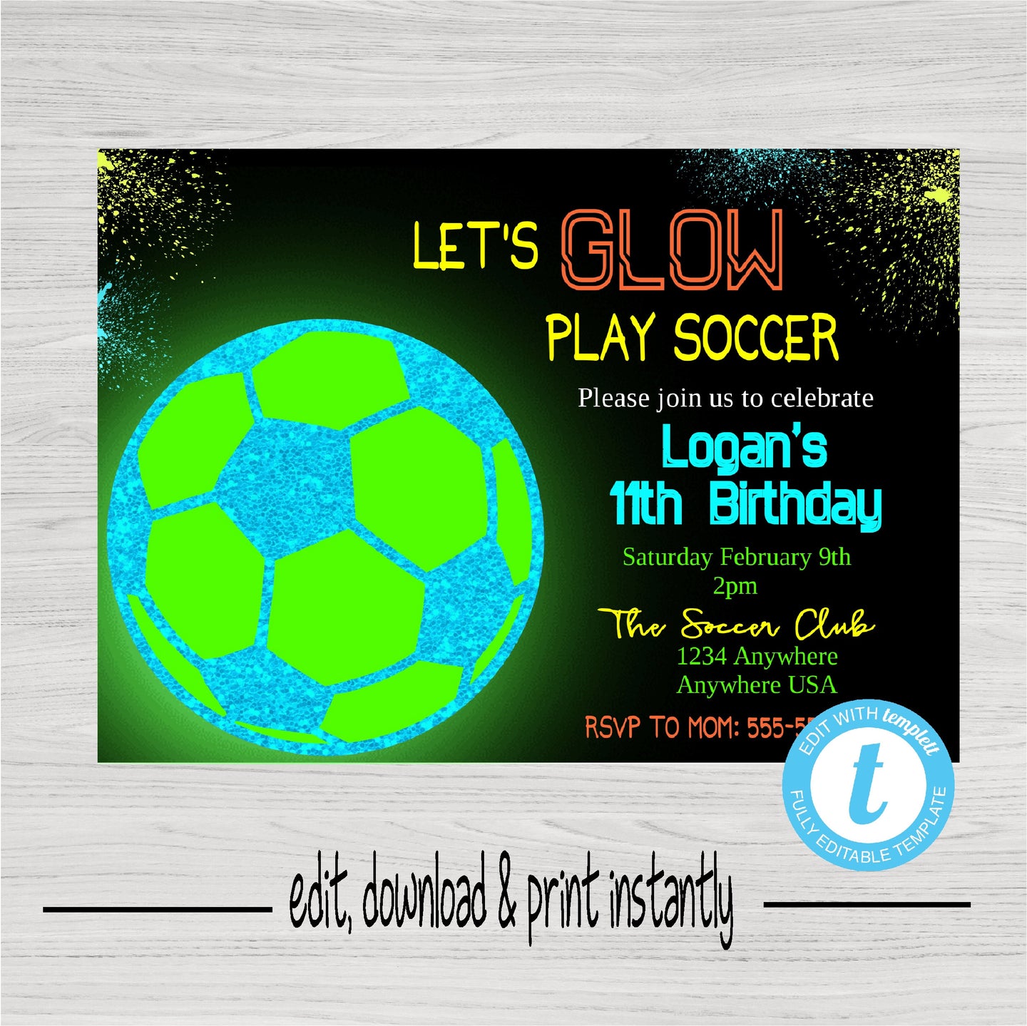 Soccer Party Invitation, Let's Glow Play Soccer, Birthday Party Invitation Template, Neon Birthday Party Invitation, Printable Party Invite
