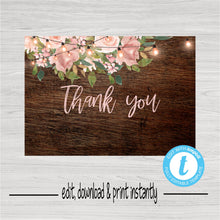 Load image into Gallery viewer, Rustic Bridal Thank you Note Card, FlowerThank You card, Bridal Rose Gold floral Watercolor, Blush Pink Mason jar shape You edit