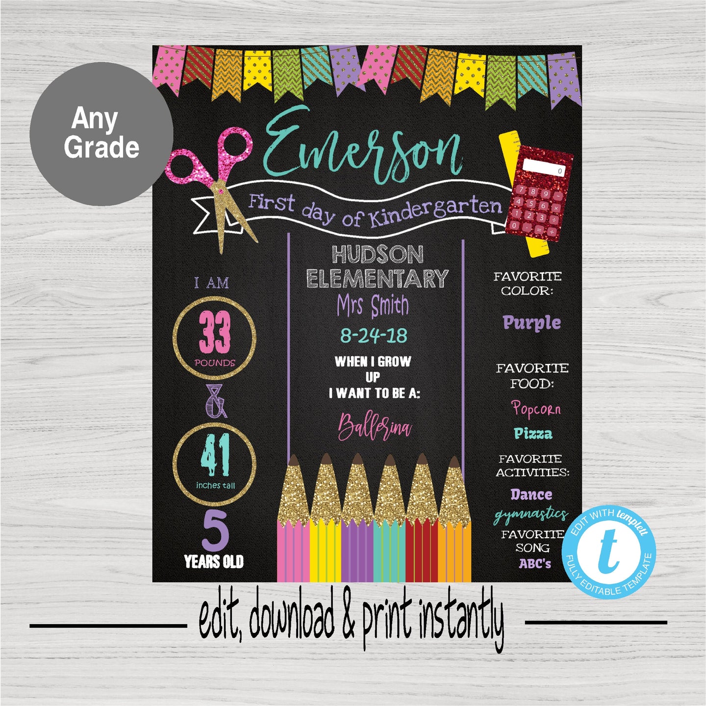 Pencils glitter First Day of School Sign,  supplies Back to school Printable Chalkboard Poster, First day, Kindergarten , Any Age  Grade