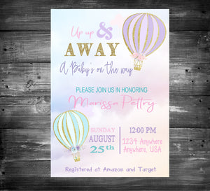 Hot Air Balloon Invitation, Baby SHower Up Up & Away Invite, Baby shower, Oh the places she'll go, Time Flies, Birthday Girl Invitation