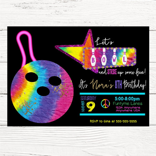 70's Bowling Birthday Invitation, Tie Dye Bowling invite, Hippie Girl, Bowling party,  Retro birthday, STRIKE, Bowling party digital file