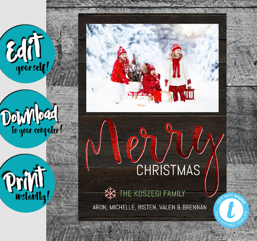 Rustic Photo Christmas Card Template, Christmas Card wood, Foil Holiday Card, Merry Christmas, Happy Holidays, Printable Template,