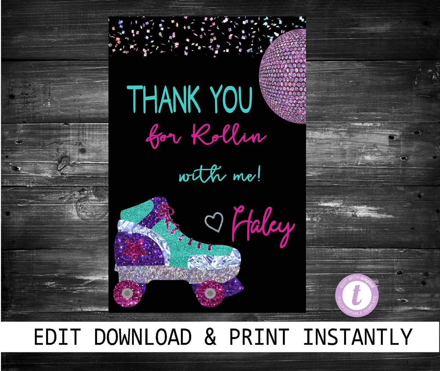 Roller Skate Thank you| Edit Yourself Neon Roller skating Thank you card | Skate Party | Edit Yourself | Chalk Glitter | INSTANT DOWNLOAD