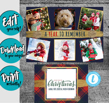 Load image into Gallery viewer, Photo Christmas Card Template, Plaid Christmas Card with Photo, A year to remember Holiday Card, Happy Merry, Printable Template, Red Plaid