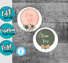Load image into Gallery viewer, Balloons Team girl or Team boy Favor Tags stickers  | Edit Yourself Balloon Favor tags, Thank you Label |  Baby SHower |    INSTANT DOWNLOAD