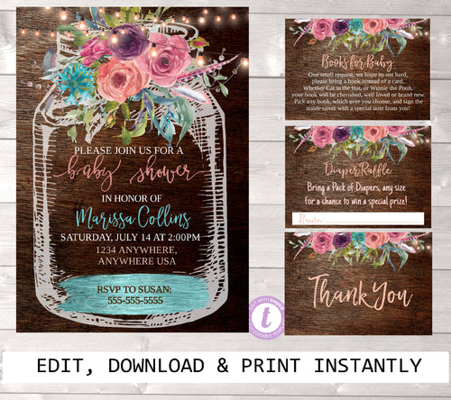 Baby Shower Invitation bundle , boho florals Baby Shower, Rustic Baby Shower, Mason Jar Invitation Thank You, Diaper raffle, Books for baby