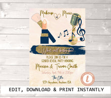 Load image into Gallery viewer, Gender Reveal Invitation, Makeup vs Music Gender Reveal, Blush Pink Navy Invite, He or She What Will Baby Be, Baby Gender Reveal