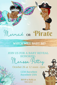 African American, Gender Reveal Invitation, Mermaid or Pirate Gender Reveal Party Invitation, He or She What Will Baby be Instant Download