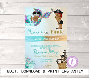 African American, Gender Reveal Invitation, Mermaid or Pirate Gender Reveal Party Invitation, He or She What Will Baby be Instant Download