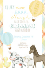 Load image into Gallery viewer, Farm Animals Birthday Invitation, hot Air Balloon Birthday Party, Barnyard Birthday, Farm Birthday Party, First Birthday Invite, Plaid