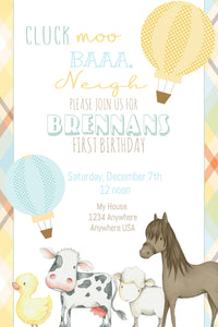Farm Animals Birthday Invitation, hot Air Balloon Birthday Party, Barnyard Birthday, Farm Birthday Party, First Birthday Invite, Plaid