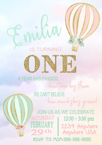 Custom Hot Air Balloon Invitation, First Birthday Up Up,  Coral & mint digital, Oh the place she'll go, hot air birthday, Pastel, baby
