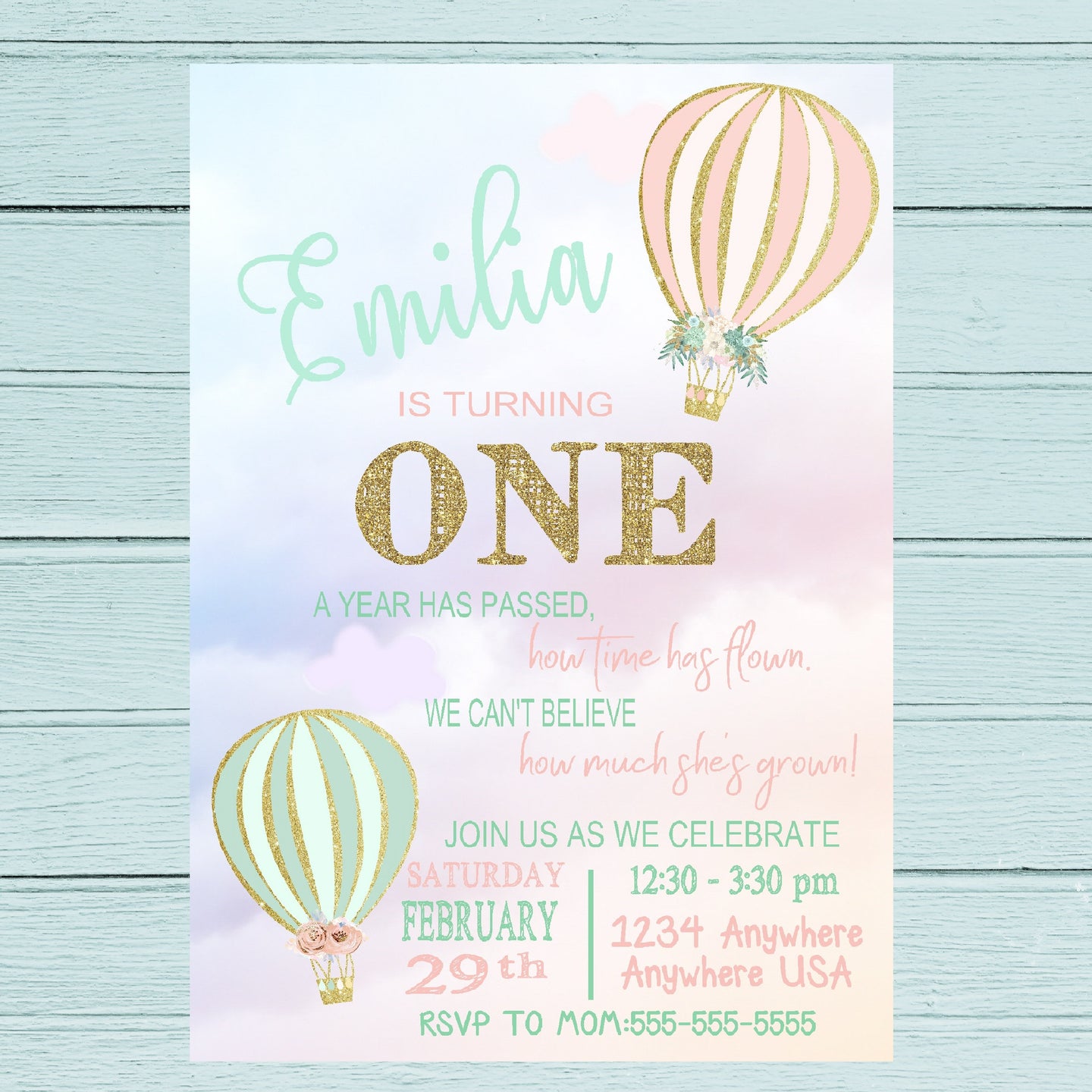 Custom Hot Air Balloon Invitation, First Birthday Up Up,  Coral & mint digital, Oh the place she'll go, hot air birthday, Pastel, baby