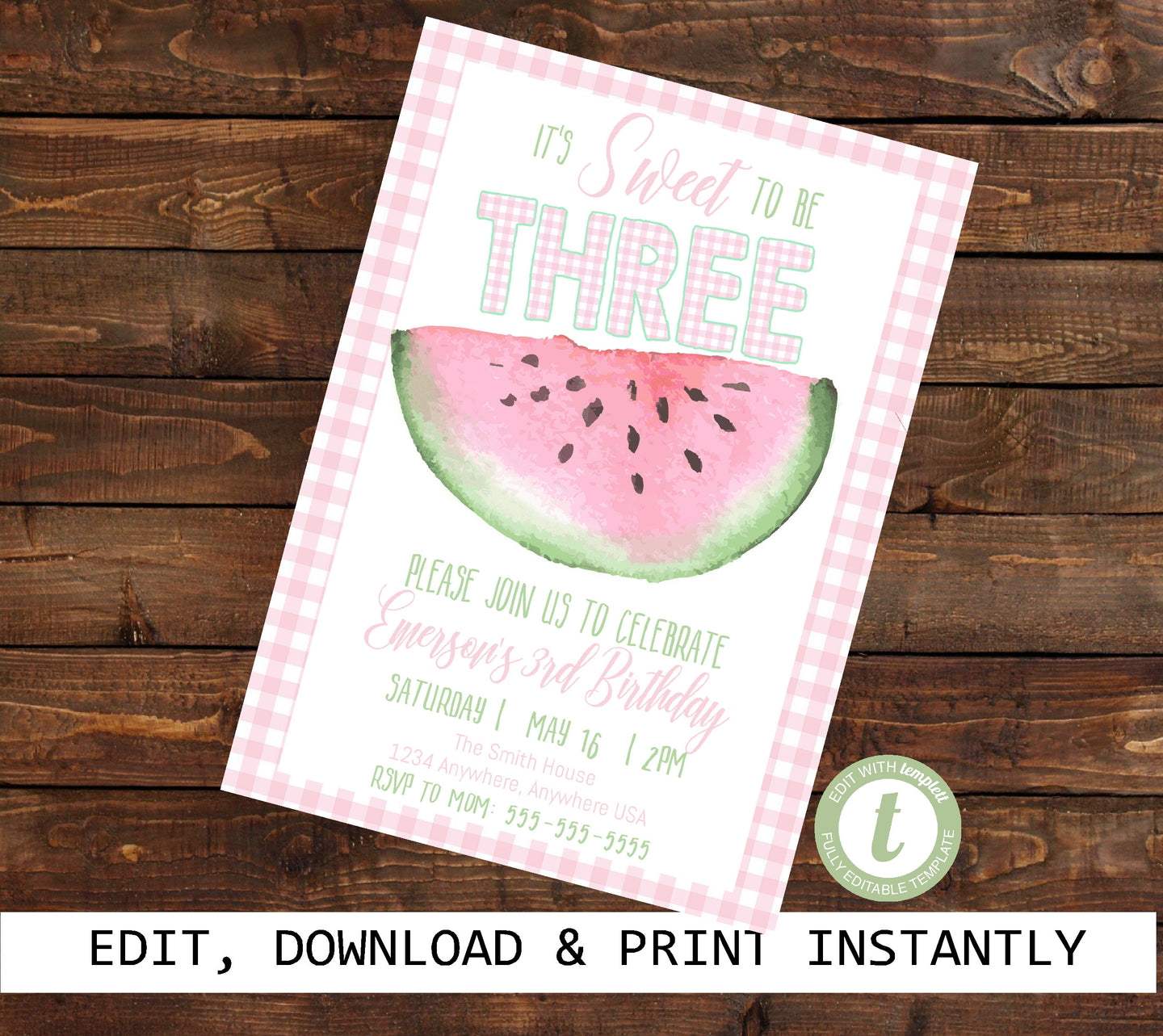 Watermelon Invitation, Watermelon Birthday Invite, Sweet to be three, 3rd Birthday, First Birthday, Edit Youself Instant Download | Digital