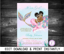 Load image into Gallery viewer, Mermaid Baby Shower Invitation, African American Mermaid Party, Mermaid Invitation, Little Mermaid Is On Her Way, Mermaid Shower Invite