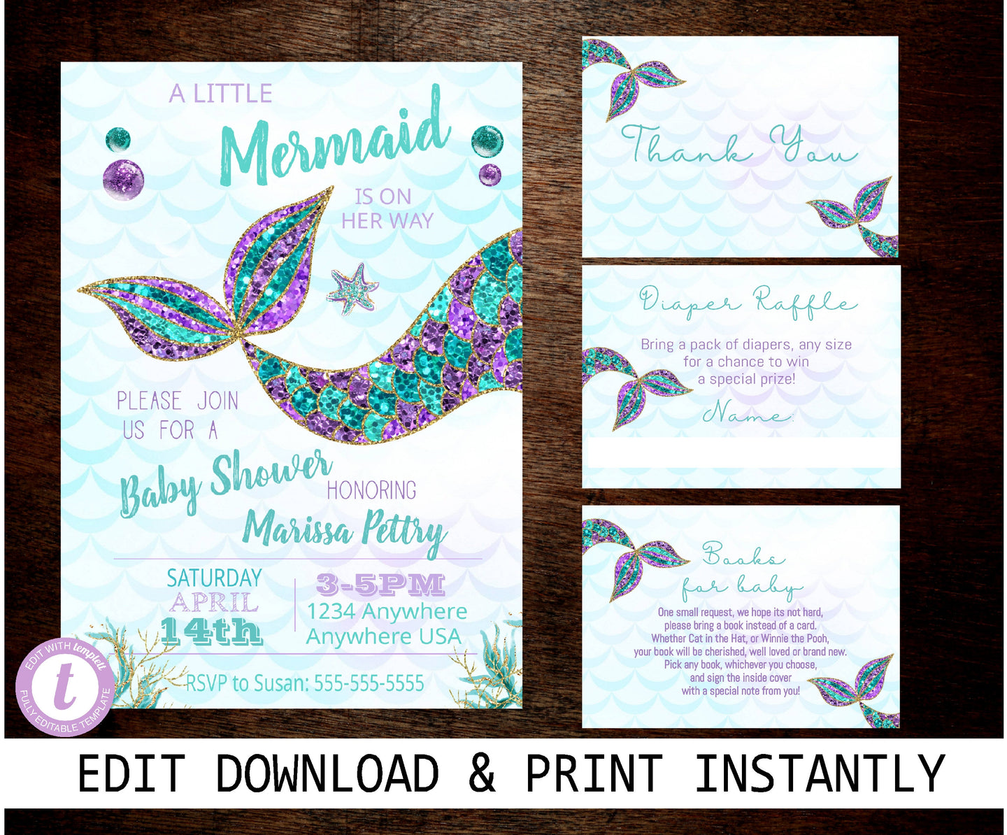 Mermaid Baby Shower Bundle Invitation, Mermaid Party books for baby, Thank you, Diaper Raffle, Little Mermaid Is On Her Way, Shower Invite
