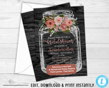 Load image into Gallery viewer, Floral Mason Jar Bridal Shower Invitation, Bridal Shower Invites, Rustic Bridal Shower Invitation, Country Bridal Shower Invite, Gray