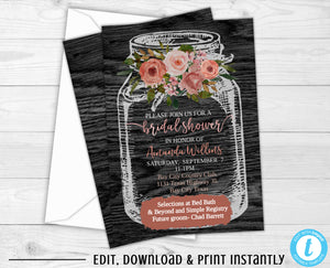 Floral Mason Jar Bridal Shower Invitation, Bridal Shower Invites, Rustic Bridal Shower Invitation, Country Bridal Shower Invite, Gray