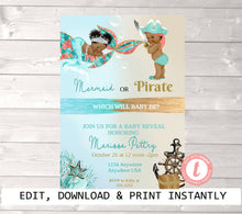 Load image into Gallery viewer, African American, Gender Reveal Invitation, Mermaid or Pirate Gender Reveal Party Invitation, He or She What Will Baby be Instant Download