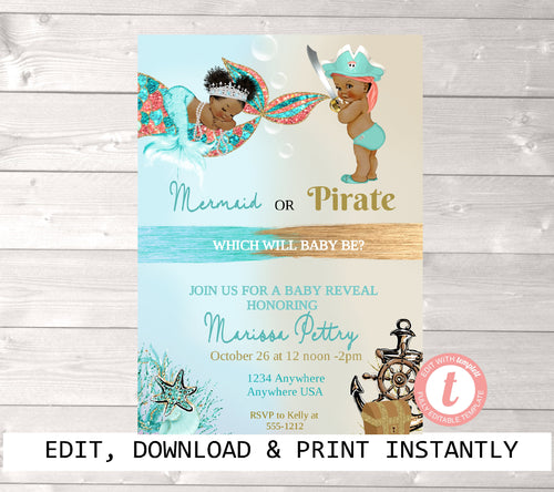 African American, Gender Reveal Invitation, Mermaid or Pirate Gender Reveal Party Invitation, He or She What Will Baby be Instant Download