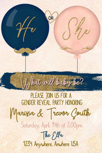 Gender Reveal Invitation, Blush Pink and Navy Blue, He or She, Boy or Girl, Baby Gender Reveal Party, Editable Invite, Lashes or Staches
