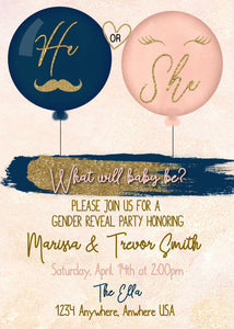 Gender Reveal Invitation, Baby Gender Reveal Party, Lashes or Staches, Blush Pink and Navy Blue, He or She, Boy or Girl, Editable Invite