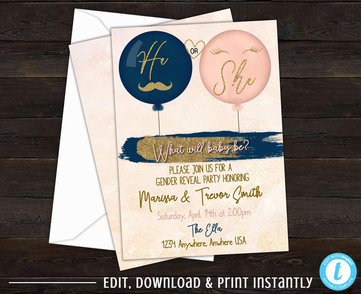 Gender Reveal Invitation, Baby Gender Reveal Party, Lashes or Staches, Blush Pink and Navy Blue, He or She, Boy or Girl, Editable Invite