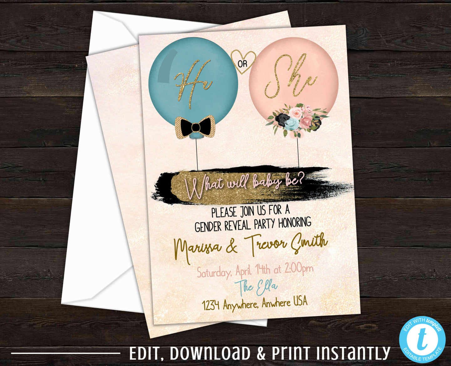 Editable Gender Reveal Invitation, Balloon Baby Shower Invite, Gender Reveal Party, Blue or Pink, He or She, Boy or Girl, Instant Download