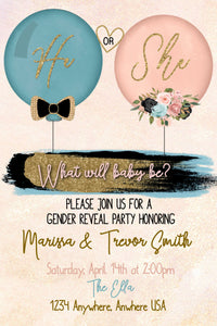 Gender Reveal Party, Gender Reveal Invitation, Balloon Baby Shower Invite, Blue or Pink, He or She, Boy or Girl, Instant Download, Editable