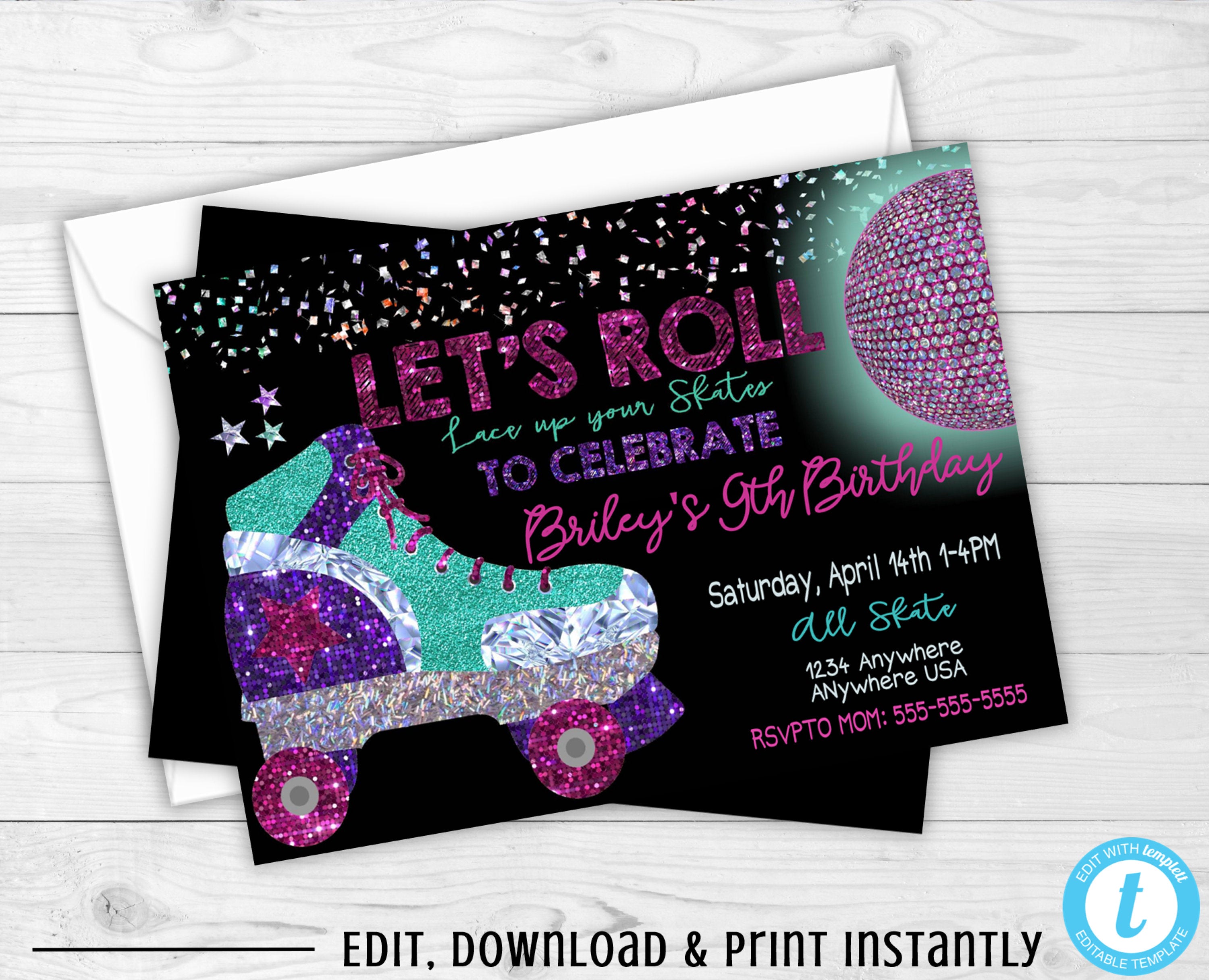 Roller Skate Birthday Party Invitation, 80's Disco Skate Party, Retro  Style, Roller Skating Party Invitation, edit yourself Instant Download, image size:3000x2431