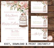 Load image into Gallery viewer, Bird Baby Shower Invite, Rustic Baby Shower, Diaper Raffle, Thank You card, books for Baby, Floral Baby, Printable Invitation Template